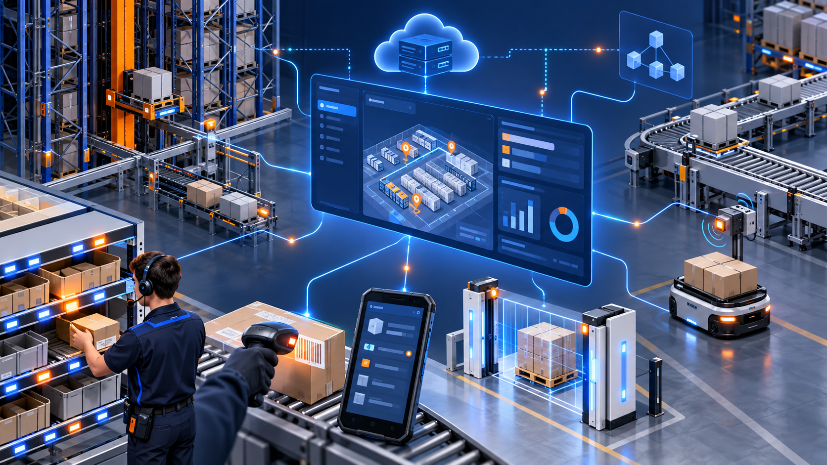 BrilliantWMS connected warehouse automation with conveyors, mobile scanning and warehouse control