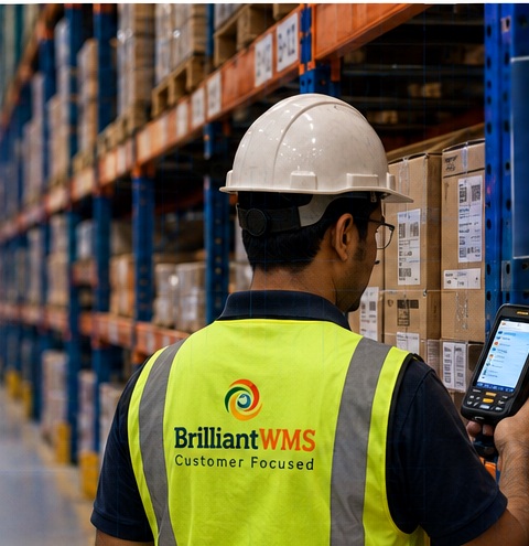 Warehouse operator scanning inventory in a storage aisle